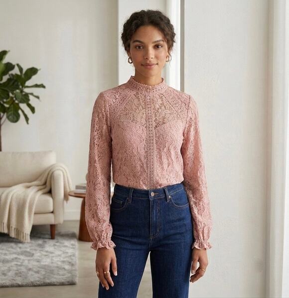 Cable & Gauge Tops - Pink Floral Lace Blouse Mock Neck Long Sleeve Victorian Boho Coquette Sz L
